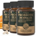 Probiotice organice pentru femei și bărbați, 100 Miliarde CFU Probiotic pentru Digestive, Gut & Immune Health - cu prebiotice, Bioflavonoizi și enzime digestive, 35 Strais Raw Probiotic Supliment, 180 Caps