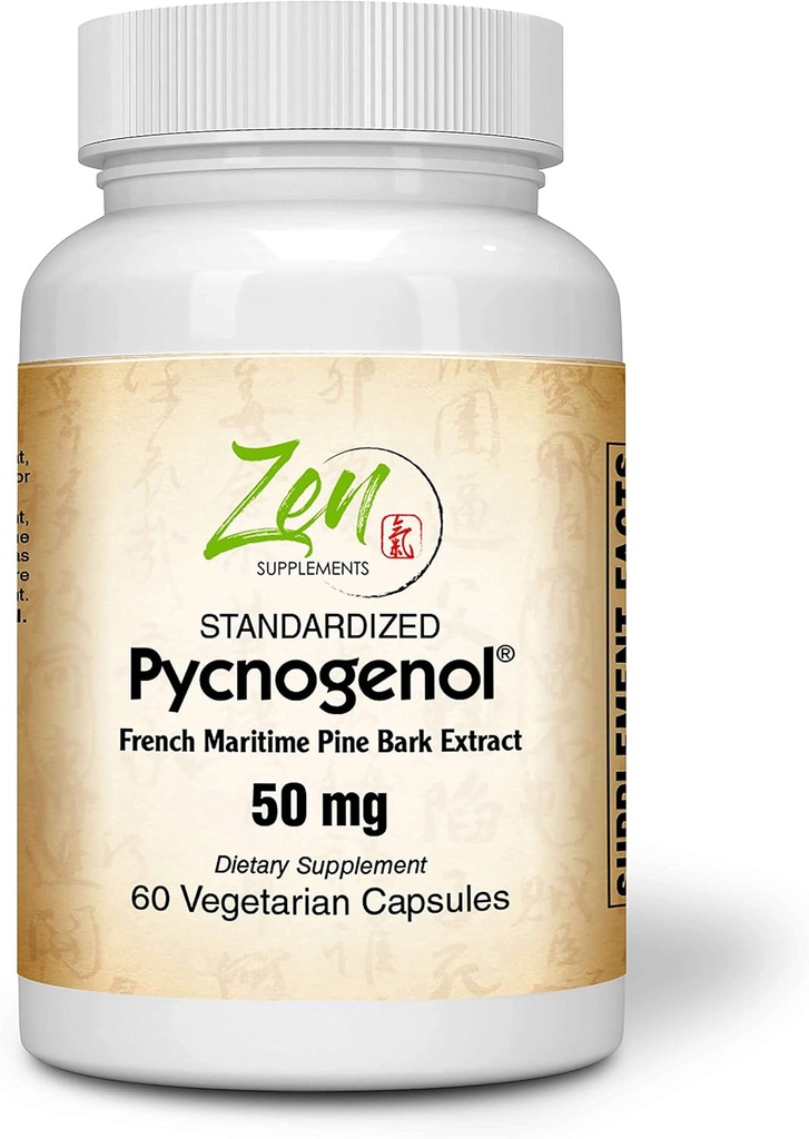Suplimente Zen Pycnogenol 50mg - Extract de scoarță de pin maritim francez standard pentru suport antioxidant și inflamație - non-GMO, gluten și soia gratuit 60-Vegcaps