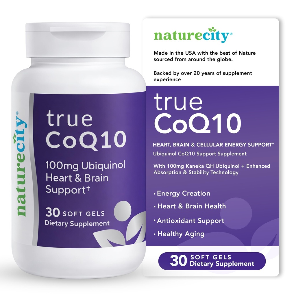 NatureCity True-CoQ10 Ubichinol 100mg Absorbabil și stabilizat Kaneka QH CoQ10 Heart, Brain and Cellular Energy Supplement - (30 Soft Gels) CoQ10 activ ca Ubichinol