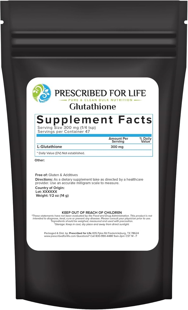 Prescribed For Life L Glutatione Powder, Pure Reducere Glutatione, Tripeptide de Amino Acids Glicină, Glutamina, şi Cysteine, Antioxidanti Supliment pentru Suport Imuno (0,5oz / 14g)