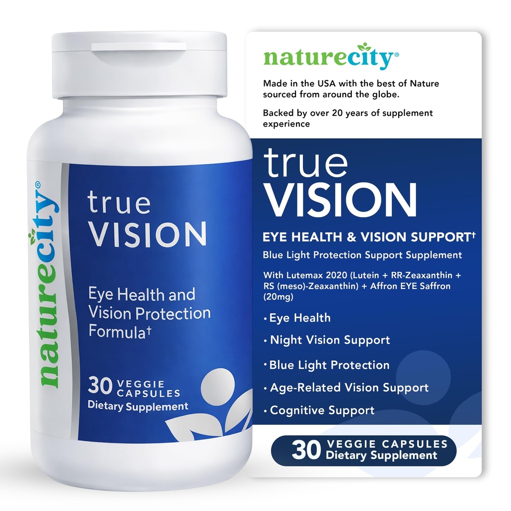 NatureCity True-Vision Eye Health Supplement - Plant-Based Lutein și Zeaxanthin cu mare potențial Saffron 20mg - protecție albastru lumină, suport Central și viziune de noapte (30 Capsule vegetale)