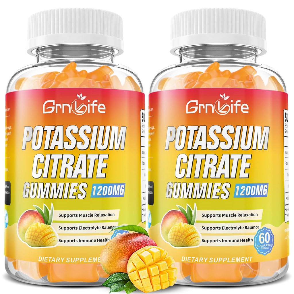 Gume Citrate de potasiu, Gume mari Supliment de potasiu 1200mg Suport Creme de picioare si sanatate musculara, Gume de potasiu pentru adulți și copii, Vegan, Mango Flavor 120 Conte