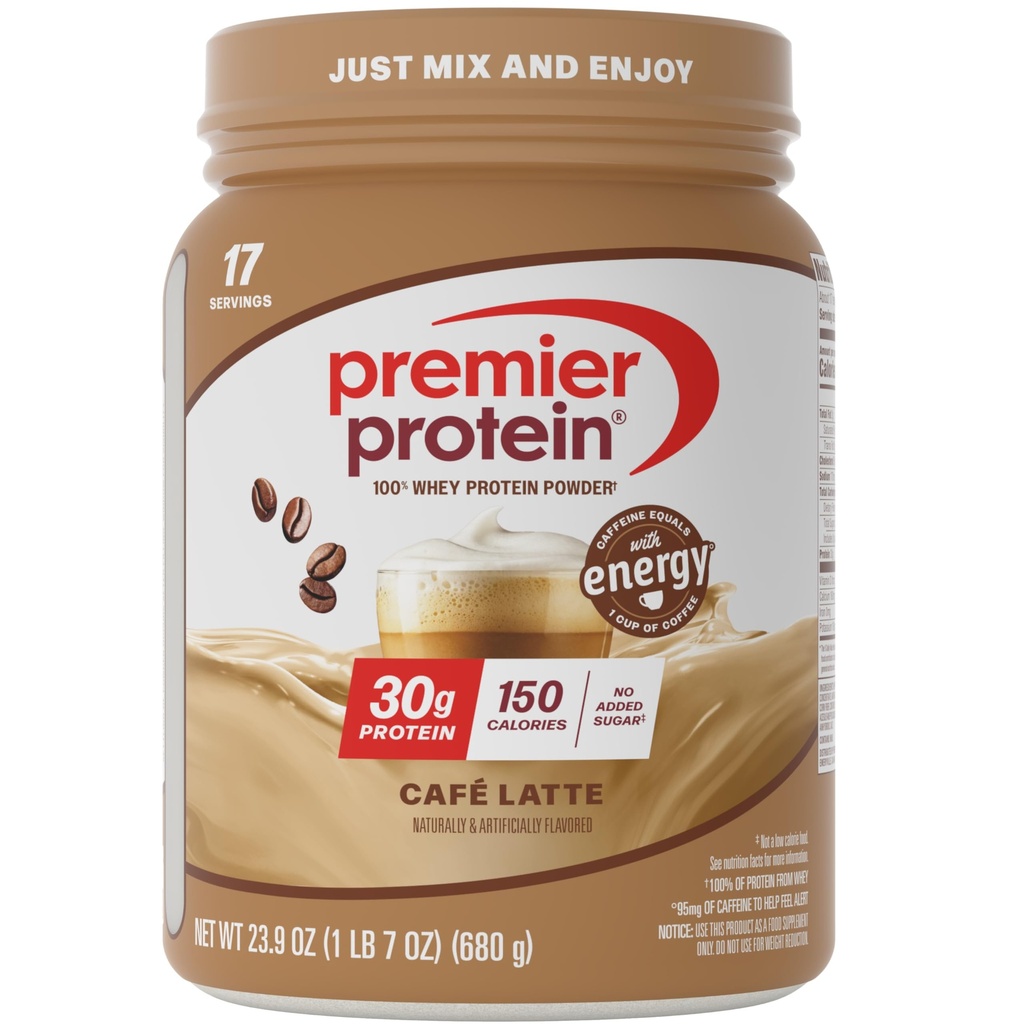 Premier Proteine Powder, Café Latte, 30g Proteine, 1g Zahăr, 100% Proteina Whey, Keto Friendly, Gluten Free, No Soy, 95mg Cafeina pentru energie, 23.9 oz (17 Serviri)