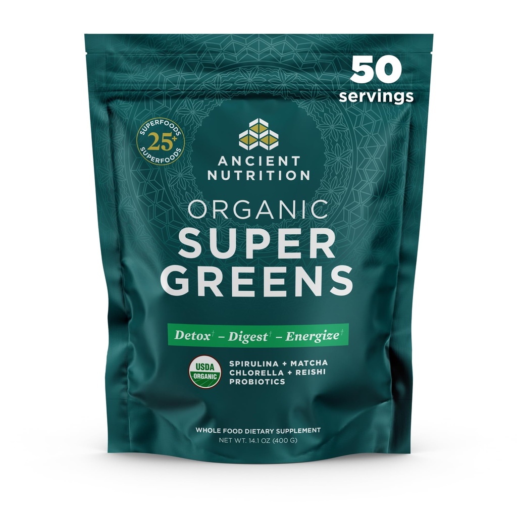 Nutriție antică Super Greens pulbere, Superfood organic pulbere cu probioticele Made with Spirulina, Chlorella, Matcha, și enzime digestive, 50 Servings, 14,1 oz