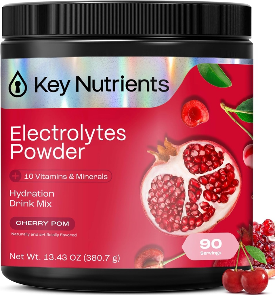 KEY NUTRIENTS Multivitamin Electrolytes Powder No Sugar - Sweet Cherry Pom Electrolyte Powder - Endurance & Energy Supplement - Hydration Powder - No Calories - 90 Servings - Made in USA