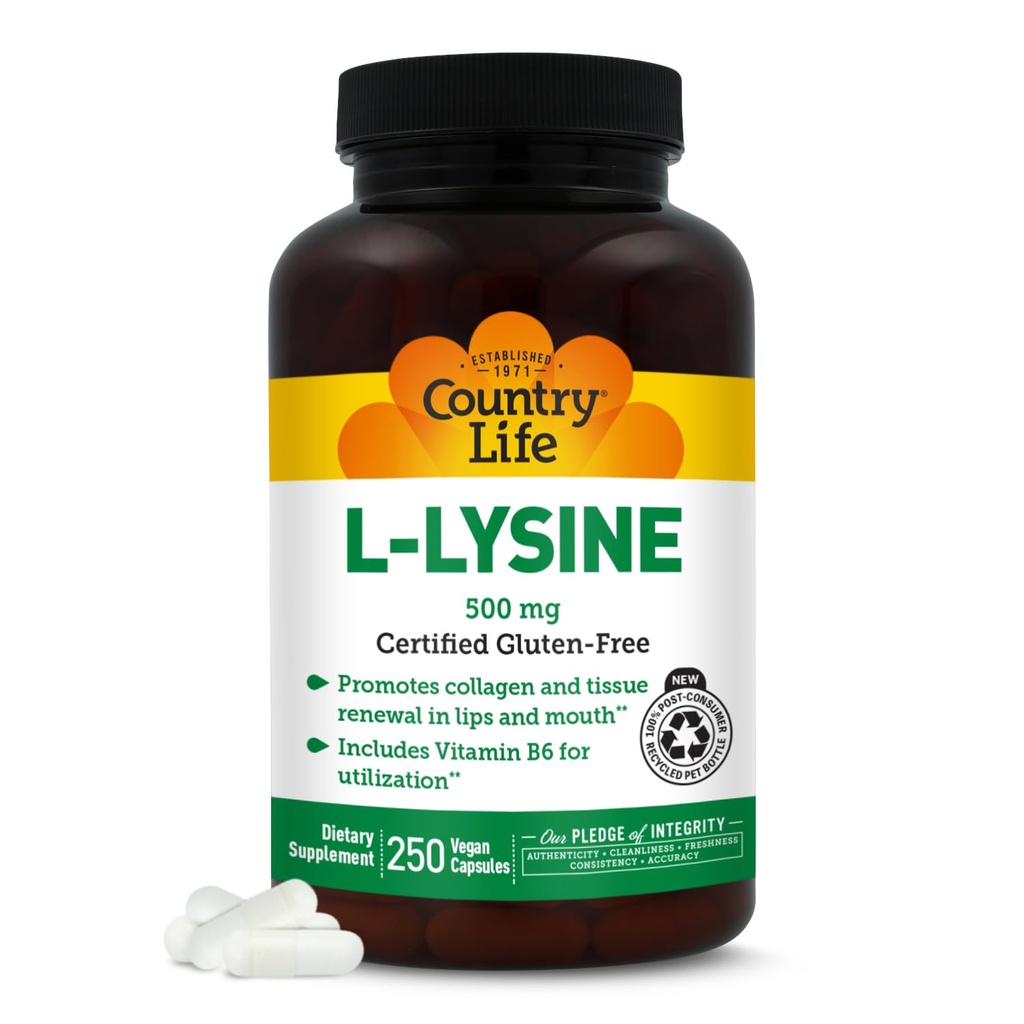 Country Life L-Lysine 500mg cu B-6, Sprijină Immune Health, Promovează Colagen Reînnoirea în buze și gură, 250 capsule Vegan, Certified Gluten gratuit, Certified Vegan