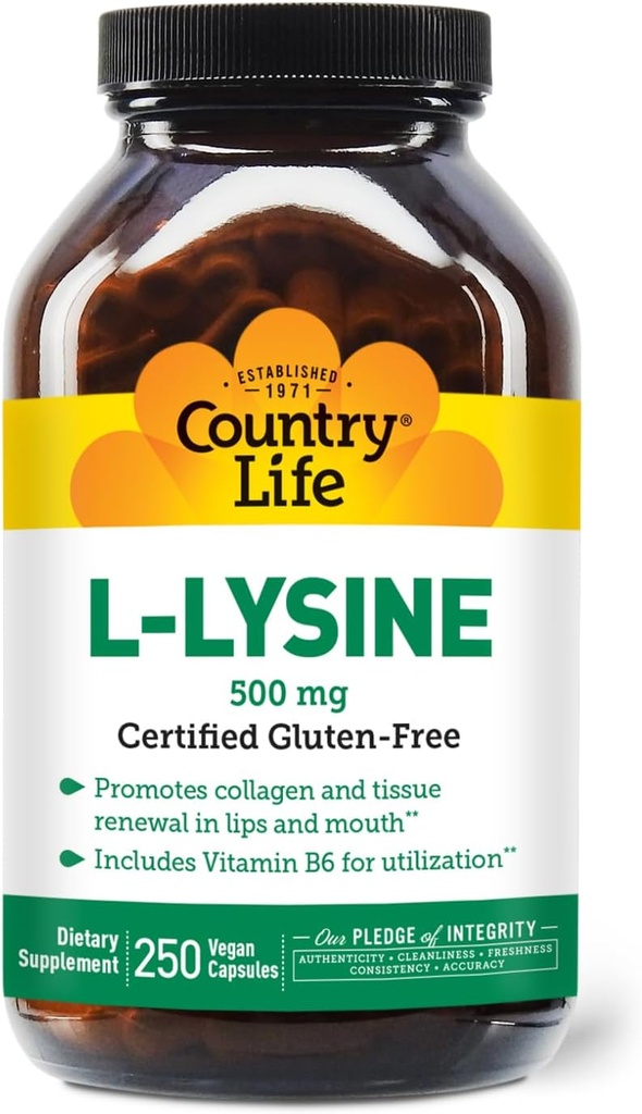 Country Life L-Lysine 500mg cu B-6, Sprijină Immune Health, Promovează Colagen Reînnoirea în buze și gură, 250 capsule Vegan, Certified Gluten gratuit, Certified Vegan