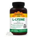 Country Life L-Lysine 500mg cu B-6, Sprijină Immune Health, Promovează Colagen Reînnoirea în buze și gură, 250 capsule Vegan, Certified Gluten gratuit, Certified Vegan