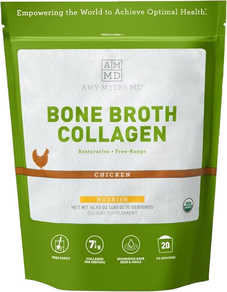 Amy Myers MD BONE Broth Colagen pulbere - Organic Oase Broth - Sprijină sănătos piele și unghii - pentru Gut Health & Joint Support - 20 Serviri, Aroma de pui
