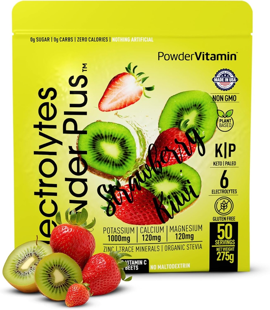 Electroliti Powder Plus (50 Servings), 0 Calorie Keto, 0 Sugar, No Maltodextrin, 1000mg Potasiu,120mg Calciu,120mg Magneziu, Hydration Powder (50 Servings, Strawberry Kiwi)