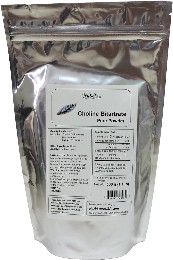 Colină DL- Bitartrat pulbere pură 500g (1,1 lb, 17,6 oz) Nutrient inteligent