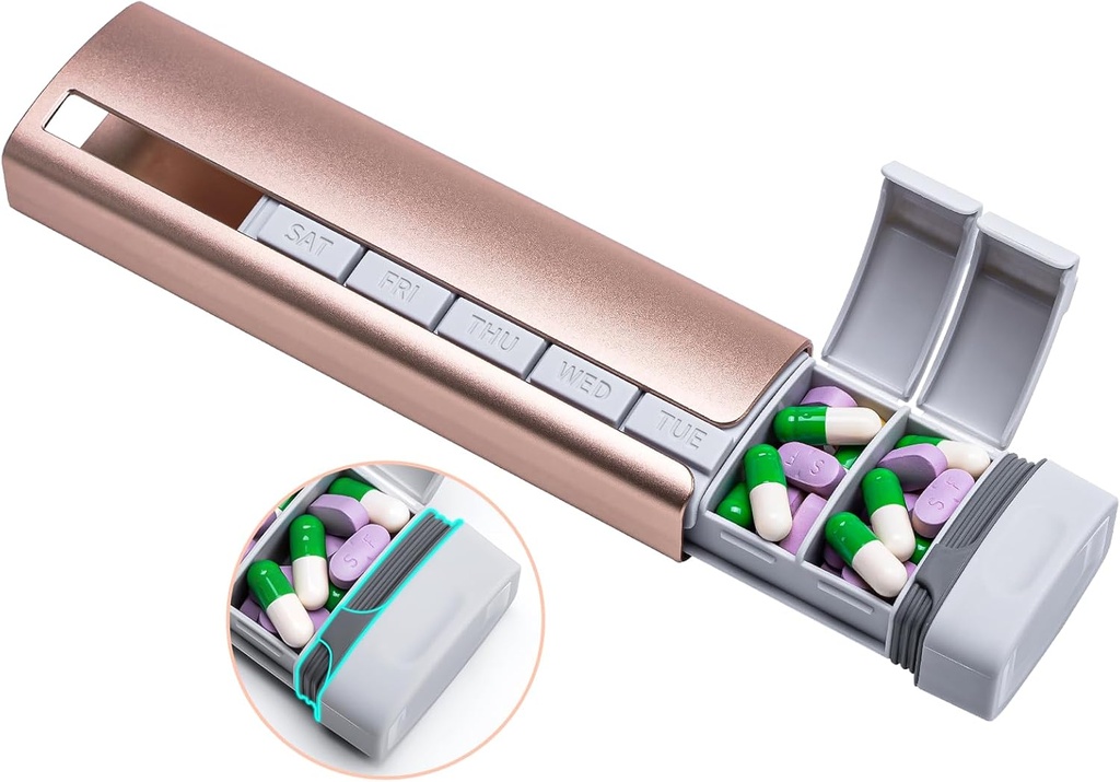 Daviky Metal Travel Pill Organizator, Premium Aluminum Pilula 7 zi, Weekly Daily Pill Case, Stylish & Cute Pill Holder for Medicines, Supplements and Vitamins (Pink+Gray)