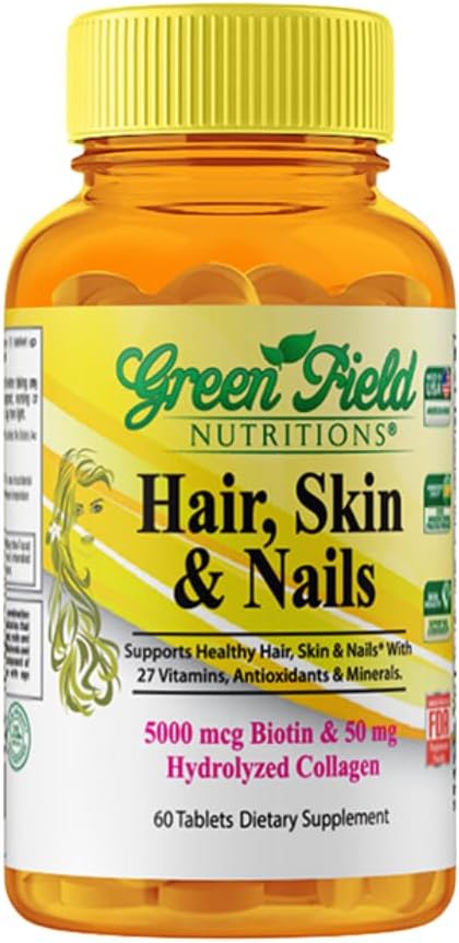Greenfield Nutriții Halal Biotin comprimat pentru adulți - 60 Halal Multivitamine pentru piele și unghii - Potență mare 5000mcg Biotina cu 50mg Colagen și minerale - Gelatină Gluten gratuit, non-GMO Vitamina