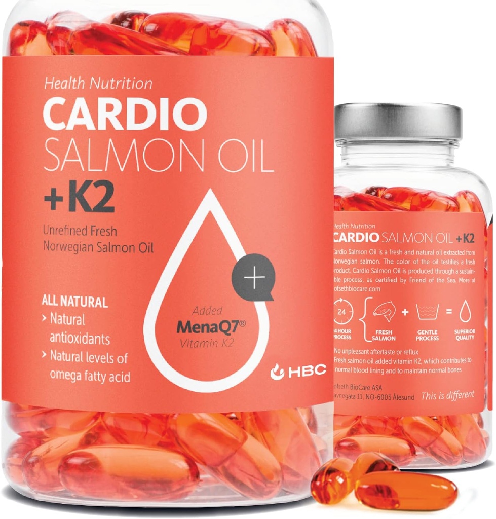 Putere mare Omega 3 ulei de pește cu vitamina K2-1000mg, ulei de somon norvegian, EPA & DHA, Burpless, Omega 3 acidi grasi Supliment pentru ochi, creier, inima si imunitate - 90 capsule - Cardidio