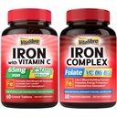 Supliment de fier pentru femei si barbati, cu vitamine C, B6, B12 & Folate + Supliment de fier, 65mg Carbonyl Fier cu 250mg Vitamina C