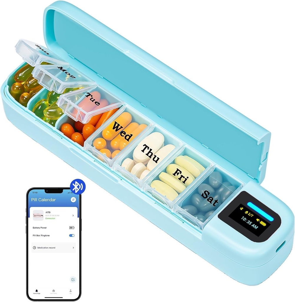 Daviky Smart Pill Organizator cu alarmă, Bluetooth Daily O dată pe zi Pilula cutie 7 zi cu APP, Weekly Travel Pill Case, Portable Pilula Reminder pentru medicamente, Suplimente și vitamine (Green)