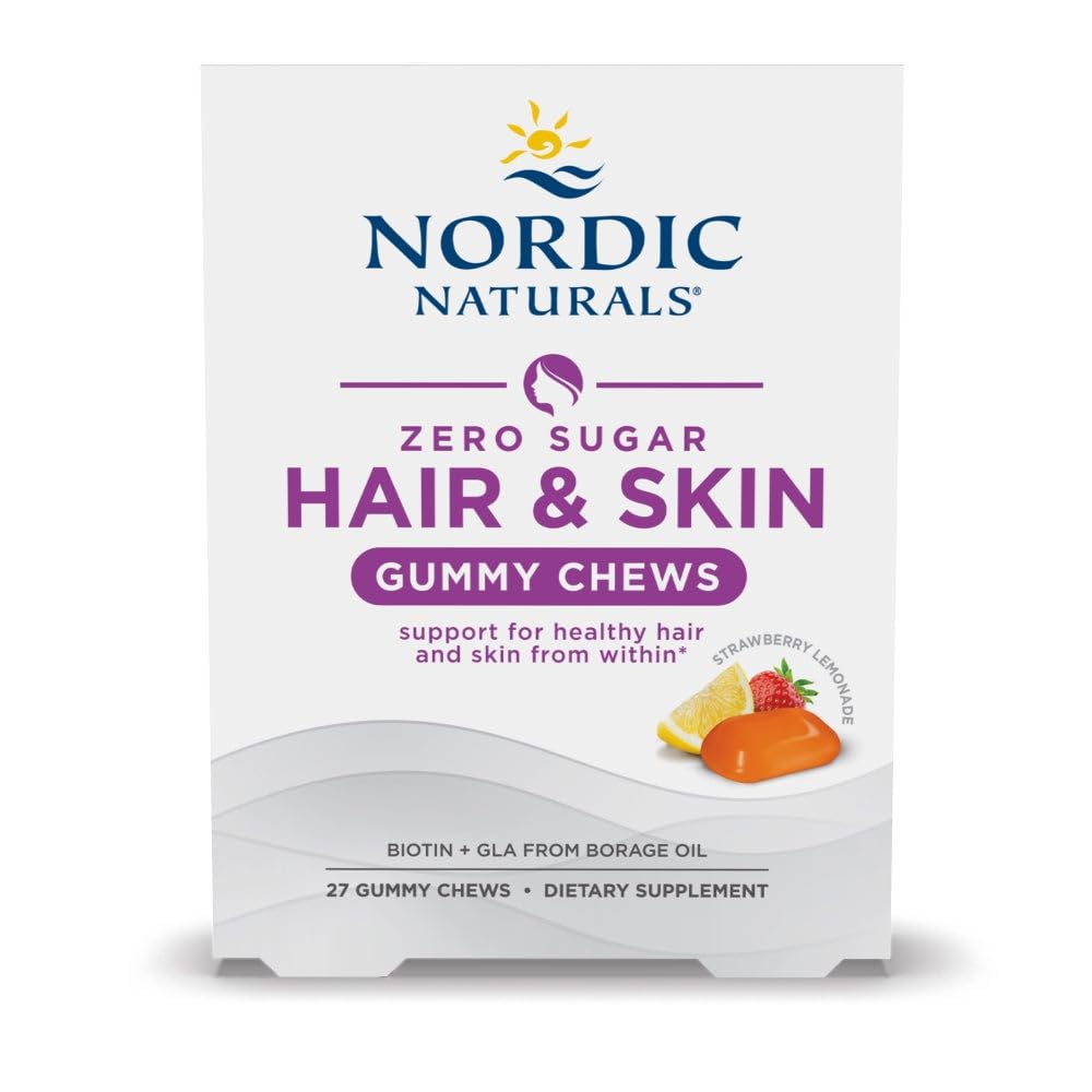 Naturale nordice Zero zahăr păr și piele Gummy Chews, căpșuni Lemonade - 27 Gummy Chews - Biotin + GLA de ulei de Borage - Promovează echilibru sănătos de grăsimi în piele - Non-GMO - 27 Serviri