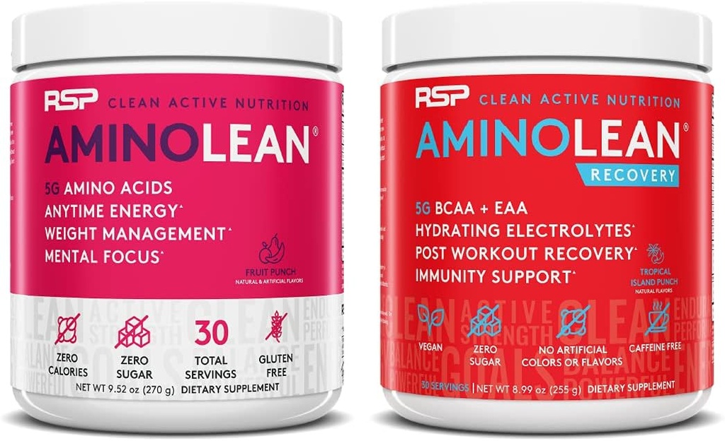RSP NUTRITION AminoLean Pre Workout Energy (Frut Punch 30 Servings) cu AminoLean de recuperare post de antrenament Boost (Tropical Island Punch 30 Servings)