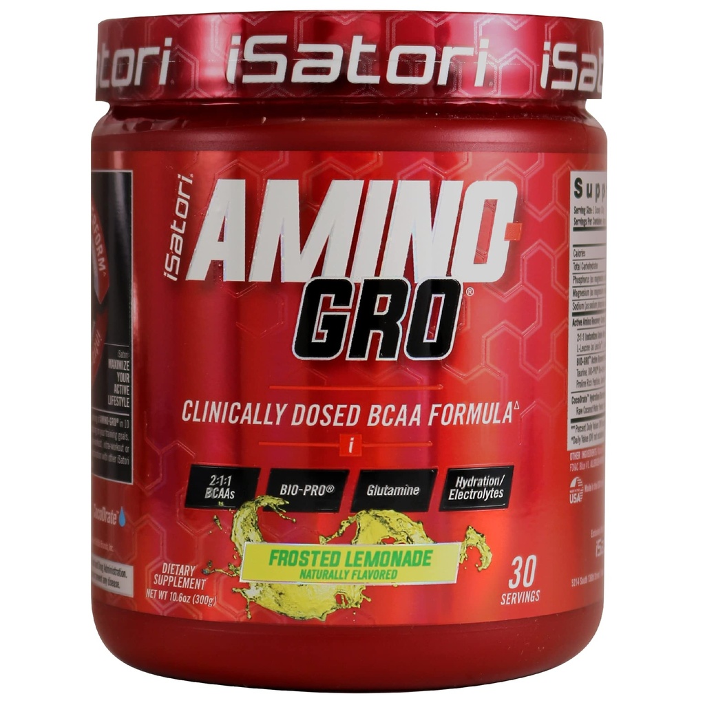 iSatori Amino-GRO BCAA Powder, Aminoacidi ramificati lant cu glutamina, Electroliti Powder & Bio-GRO Bio-Active Peptide pentru cresterea musculara si recuperare post antrenament, Frosted Lemonade (30 Servings)