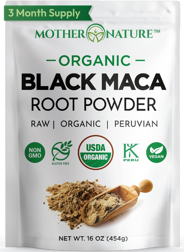 Organic, Raw Peruvian Black Maca Root Powder - Premium USDA Certified, Ideal pentru bărbați și femei, Boost Antrenamente, Îmbunătățirea Recuperării musculare, Non-GMO, Vegan Superfood, 16 oz