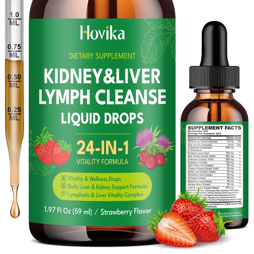 24-in-1 Kidney & Liver, Lymph Cleanse Detox & Repair Drops, Three Immune Formula with Cranberry, Milk Thistle, Vegan Urinary Tract & Lymphatic Drainage & Liver Repair | Strawberry Flavor, 1.97 FL Oz
