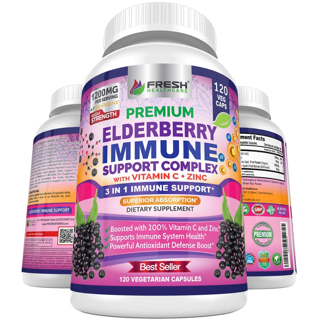 Fresh HEALNACE Elderberry capsule - mare potenta Black Elderberry cu zinc & vitamina C - Premium 3-in-1 Suport imunitar vitamine pentru adulți