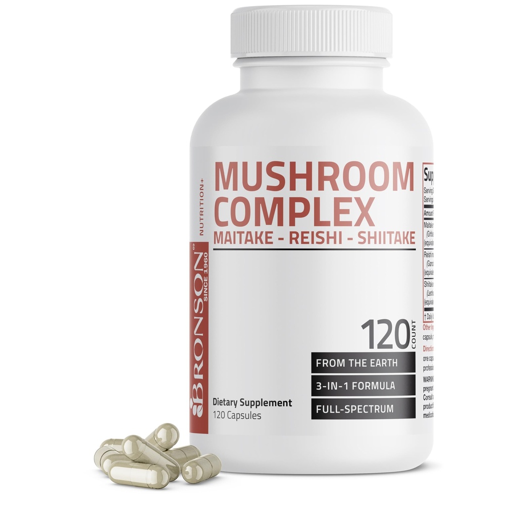 Complex de ciuperci triple Bronson - Maitake - Reishi - Shiitake - puternic antioxidant și sistem imunitar Booster - Complex de ciuperci cu spectru complet - capsule de 600 mg - 120 Conte