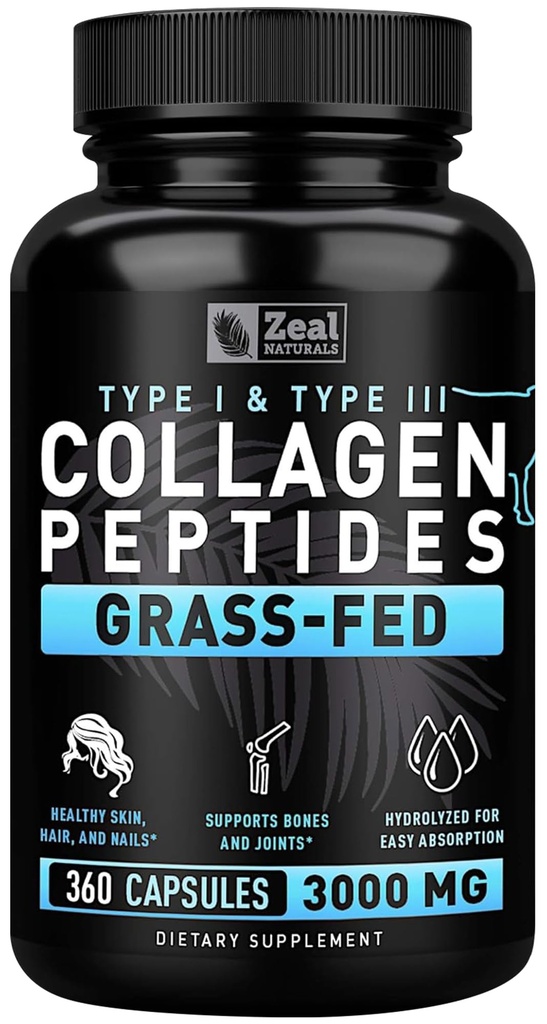 Zeal Naturals Colagen Peptides Colagen Pastile (360 capsule) Iarbă Fed Colagen Pepetide pulbere - Hidrolizate Colagen pulbere pentru comunTendon Suplimentar Piele și unghii -