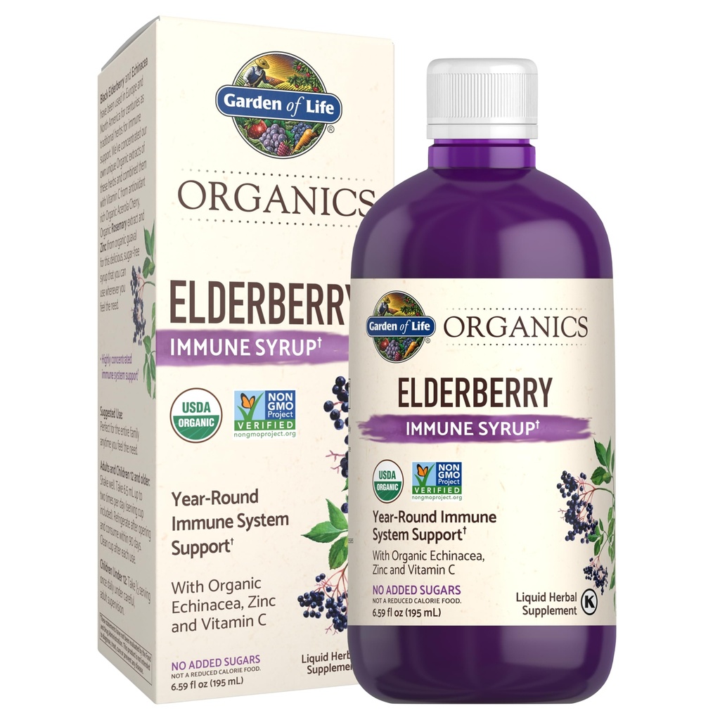 Gradina de viata Organics Plant Bazed Elderberry Immune Syrup 6.59 floz (195 ml) pentru copii si adulti - Sambucus, Echinacea, Zinc & Vitamina C, 0g Zahăr, Vegan organic Gluten gratuit Herbal Supplement