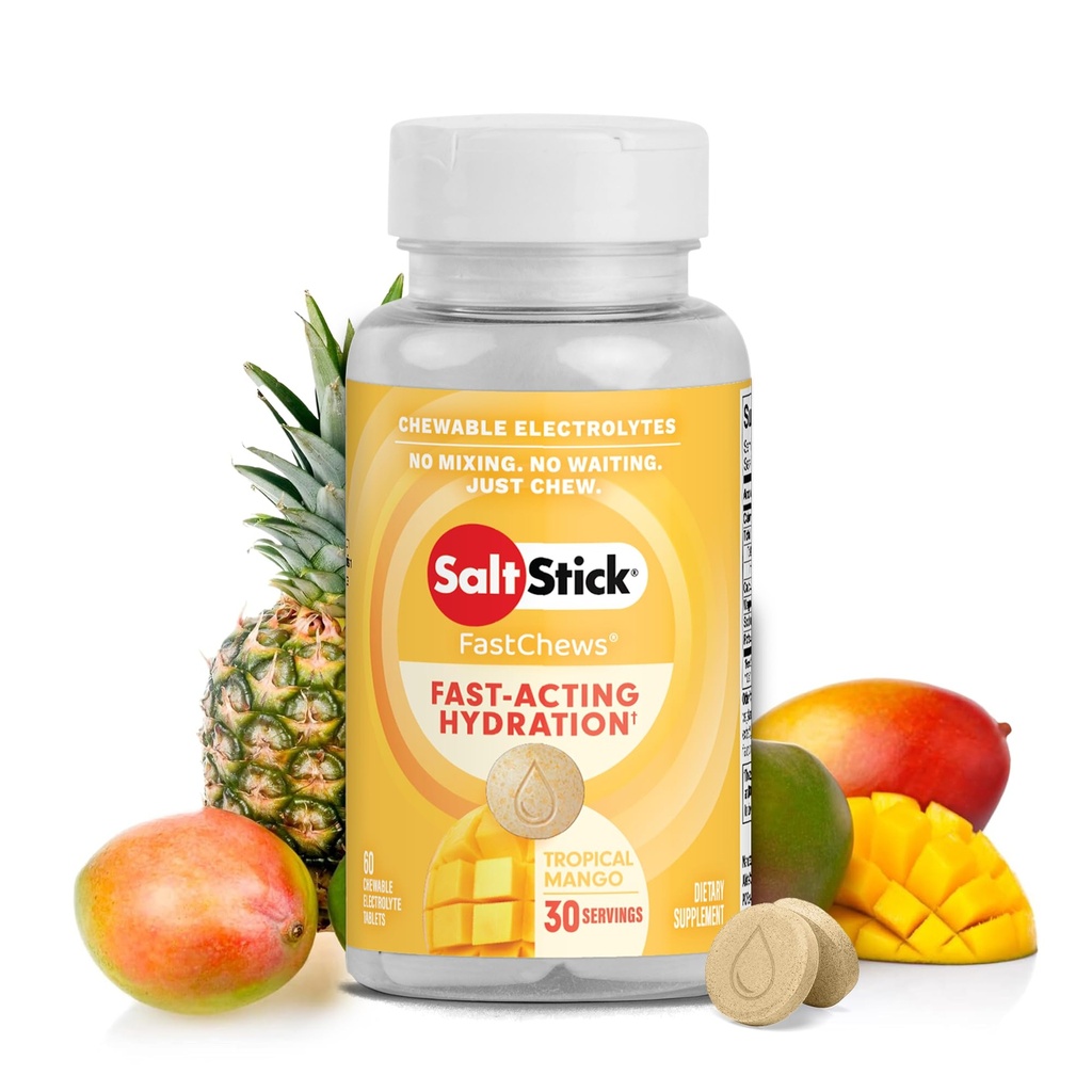 SaltStick Electrolyte FastChews - 60 Electroliţi Tropicali Mango masticabili - Tablete de sare pentru rulare şi hidratare, Electrolit Chews - 60 Conte