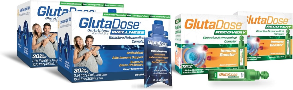 GlutaDose Ultimate Immune Boost & Daily Detox Bundle, Rece & Flu Rece, Immune & Energy Support, Glutatione, Astragalus, Echinacea, Acerola (1.000 mg Blend), Seleniu, Zinc, Suplimente Lichide