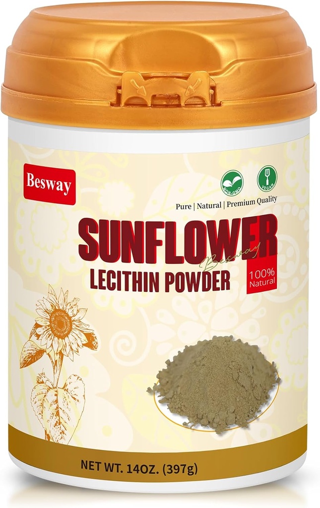 Floarea-soarelui Lecitină pulbere 14 oz (40 servire), 100% pură, non-GMO, Suplimentul natural pentru sănătatea creierului, Heart Health, și sănătos piele, Produs din China