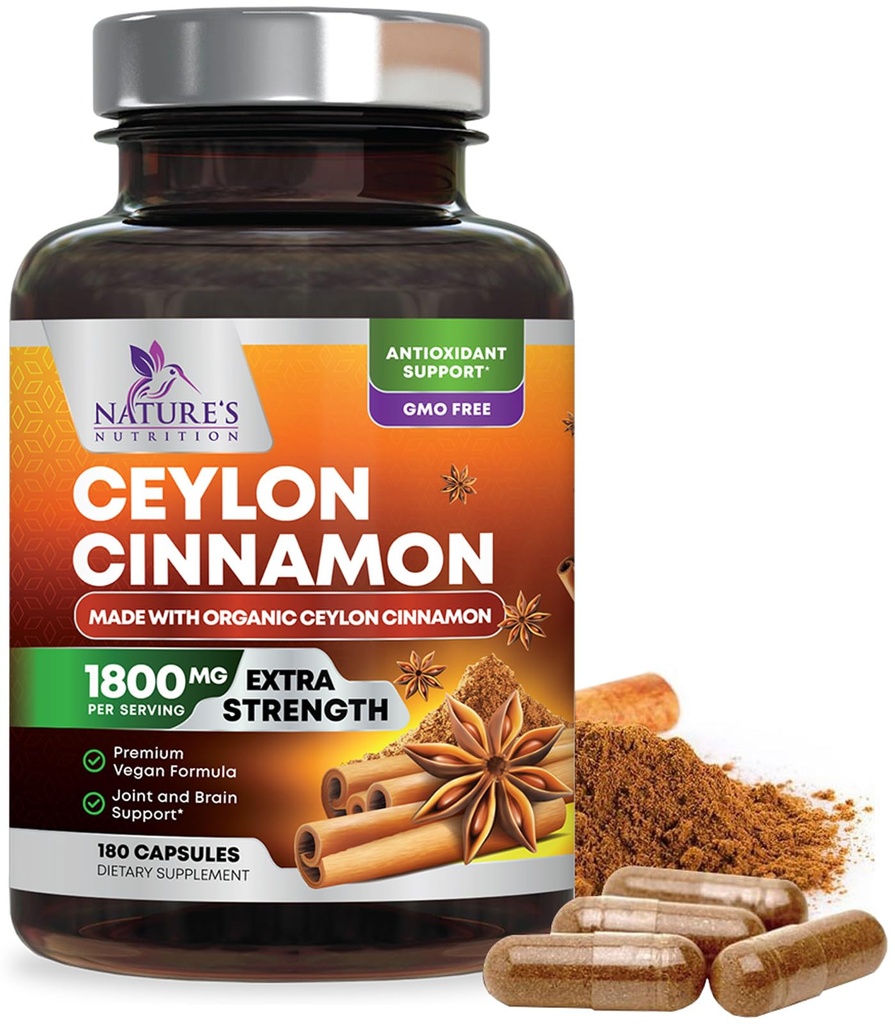 Organic Ceylon Cinnamon Supliment 1800mg - Certified Organic Ceylon Powder Pastile - Energy & Heart Support for Women & Men, Bottled in USA, Antioxidant, Gluten Free, Non-GMO - 180 Capsule