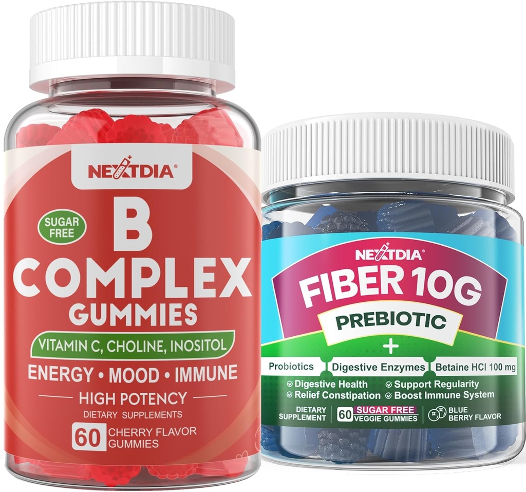 2 Pachet Complex de vitamina B metilat + 1 pachet de zahăr gratuit 10g Prebiotic Fiber Supliment, Gume pentru adulți