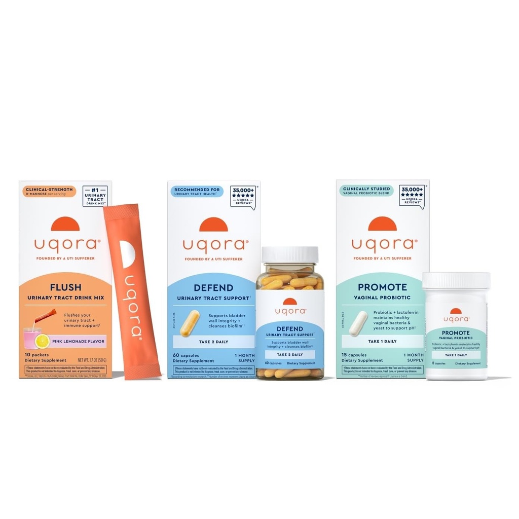 Regimul complet Uqora cu Flush, Aparare & Promovare - Suport Tract urinar cu D-Manoză, Vitamina C, extract de ceai verde, Probiotice & mai mult - Suport complet de sanatate vezica* - 3-Parte Bundle