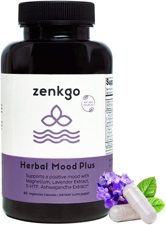Zenkgo Ashwagandha, 5-HTP, Lavender, Mucuna, L-triptofan - Supplement de susţinere a stării de spirit, Plant-Based, Herbal Mood Plus ajută cu calm Minte & Stress Relief, Emoţie Blalance, Pozitivitate (60Ct/30Day)