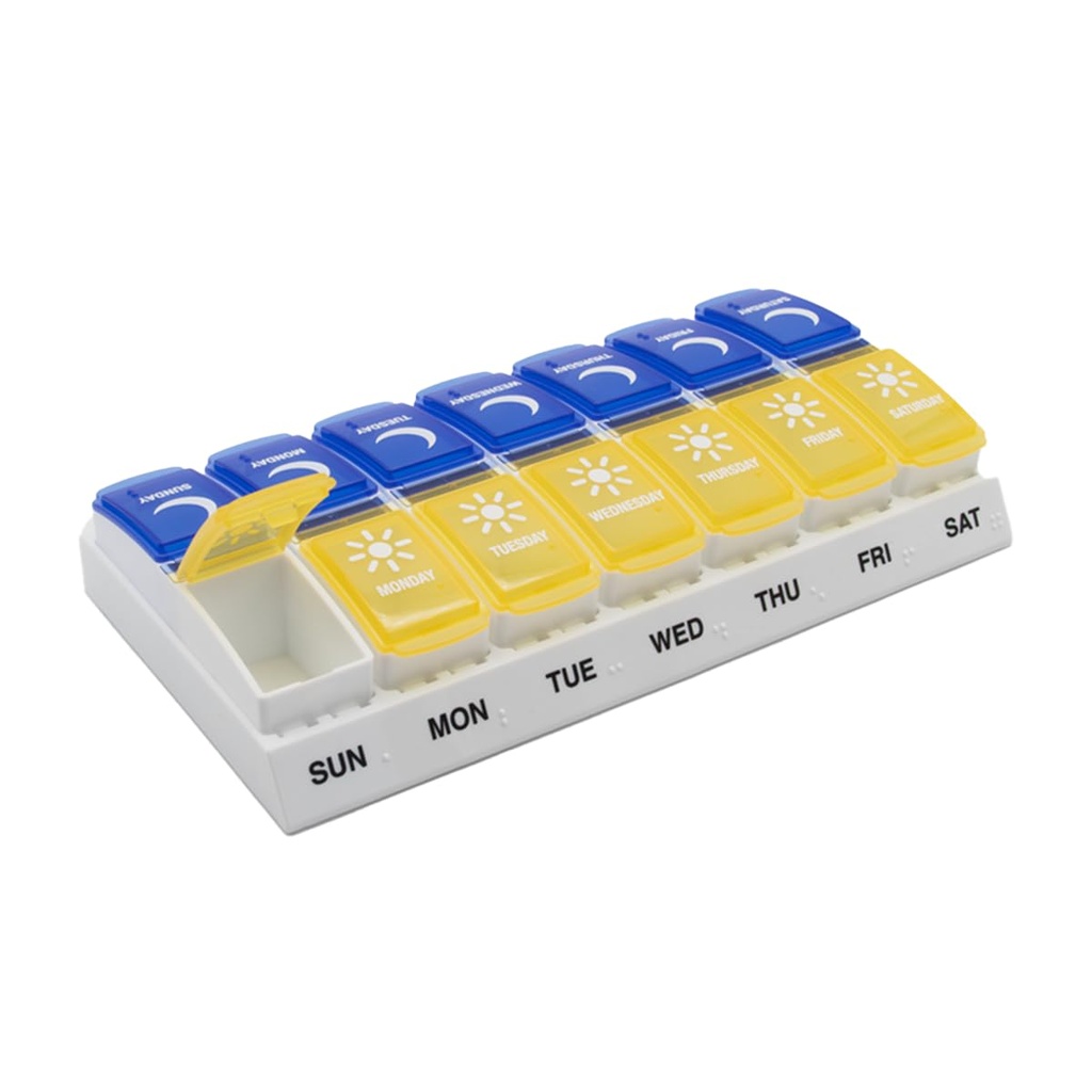 EZY DOSE Weekly (7-Day) AM/PM Pill Organizator, Daily Vitamin Container și Cutie de Medicină, Compartimente mari pop-Out, Proiectat pentru călătorie, 2 ori pe zi, albastru și galben Lids