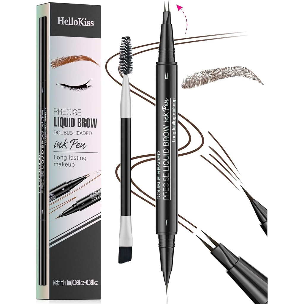 9708 2- Sfat Eyebrow Pen cu fund dublu, 2-in-1, cu sprânceană Brush. Probă impermeabilă și transpirație, Sprânceană lichidă de precizie, 5 Shades, Long-Lastting (3#Dark Brown)
