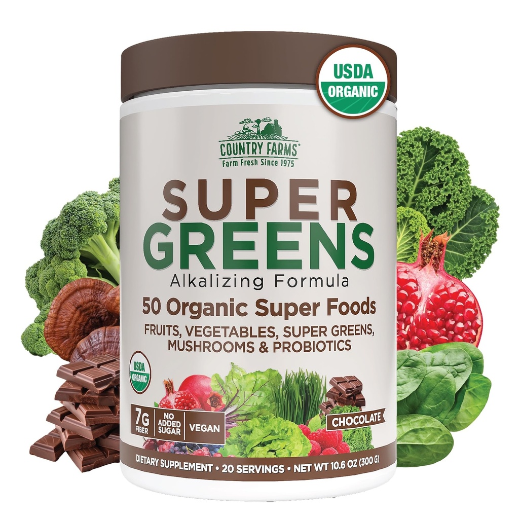 Ferme de ţară Ecologic Super Greens Chocolate Flavor, 50 Organic Super Foods, USDA Organic Drink Mix, Packed with Fiber, Fruits, Legume, Ciuperci & Probiotice, Suporturi Energie, 7g Fibră