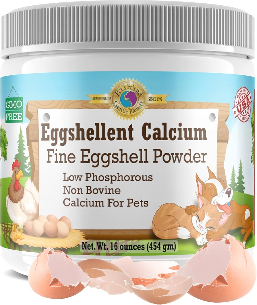 Calciu pentru câini și pisici - fin praf coajă de ou - puternic Hip & Supliment comun pentru câini și pisici- Supliment alimentar - Nu aditivi - Pet's Friend Eggshellent Calciu 16oz