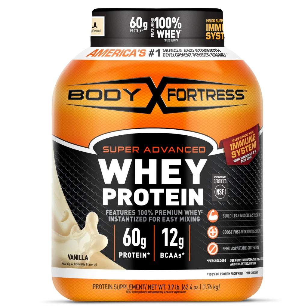 Body Fortress Super Advanced Whey Proteine Powder, Vanilla, Immune Support (1), Vitamine C & D Plus Zinc, 3.9 lbs.
