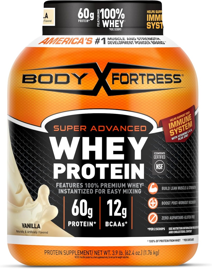 Body Fortress Super Advanced Whey Proteine Powder, Vanilla, Immune Support (1), Vitamine C & D Plus Zinc, 3.9 lbs.