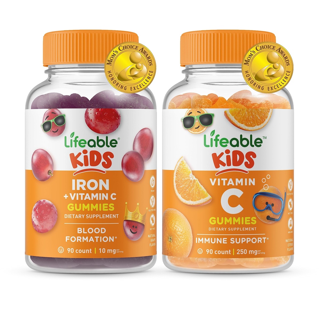 Iron & Vitamina C Lifeable Copii + Vitamina C Copii, Gume Bundle - mare Tasting, Supliment de vitamine, Gluten gratuit, OMG gratuit, Guma de mestecat
