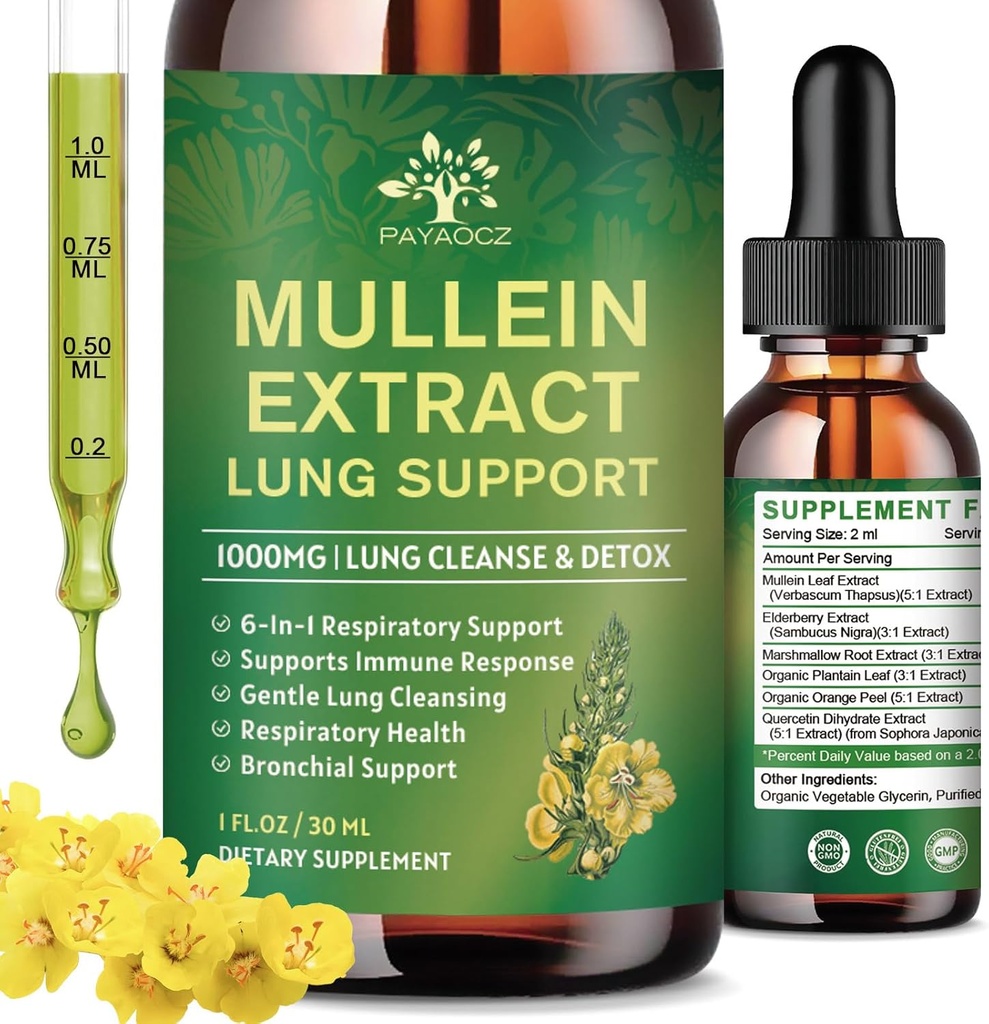 (2 ambalaj) 6 În 1 Mullein picături pentru plămâni, Organic Mullein Extract de frunze Tinctură pentru plămâni, Detox Cleanse & Respirație pentru respirație sănătate, Mullein Suplimentul de ulei Suport imun, Vegan, 1 Fl Oz