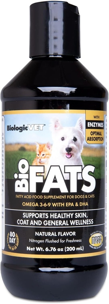 BioFATS BiologicVET - Conține Omegas 3, 6 & 9 - cu EPA, DHA & ALA - pentru Dog & Cat - Skin & Joint Health Support - Include pește, semințe de in și ulei de măsline - 6,76 fl. oz.