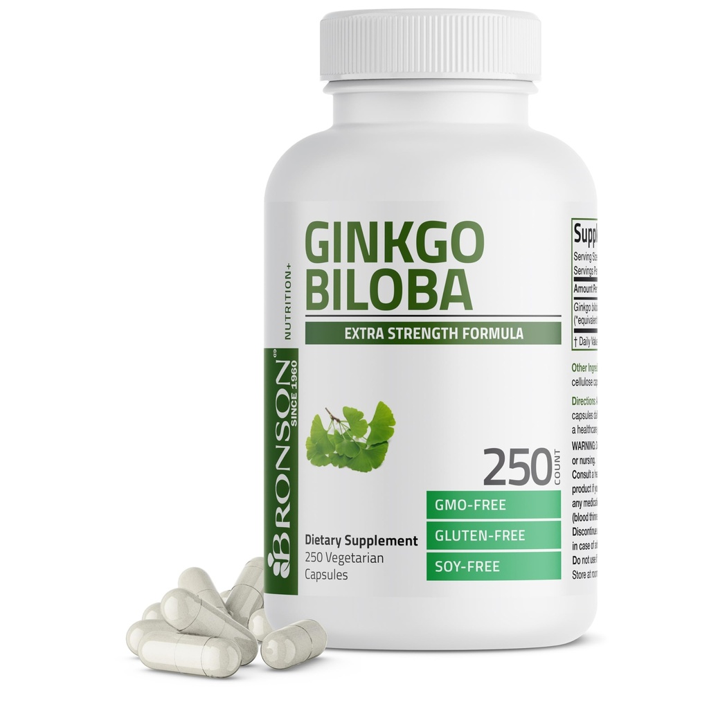Bronson Ginkgo Biloba Extra Putere Susţine funcţia creierului şi suport de memorie, 250 Capsule vegetariene