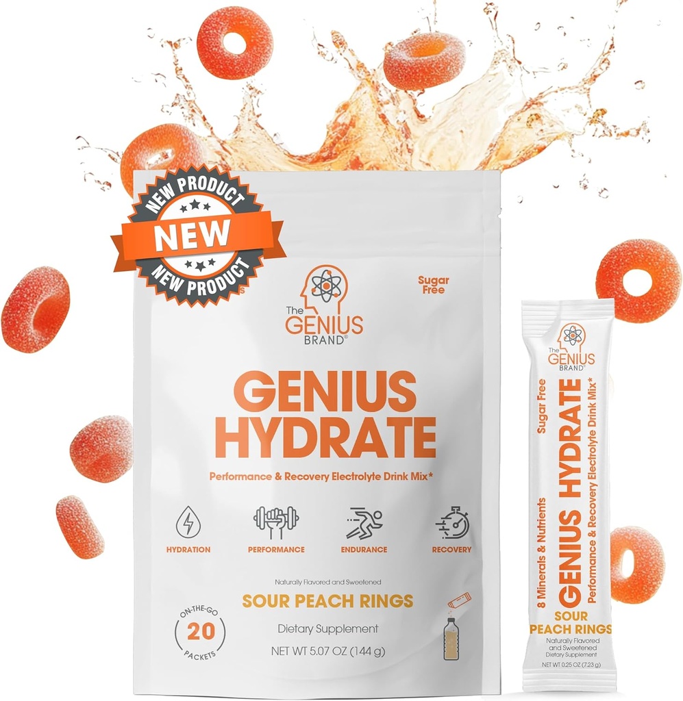 Genius Brand Hydrate - Electrolit Supliment pentru hidratare zilnica - Apa de cocos - Zahar-Free - 8 Minerale esentiale & Nutrients - Non-GMO - Inele de piersici acru - 20 Serviri
