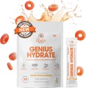 Genius Brand Hydrate - Electrolit Supliment pentru hidratare zilnica - Apa de cocos - Zahar-Free - 8 Minerale esentiale & Nutrients - Non-GMO - Inele de piersici acru - 20 Serviri