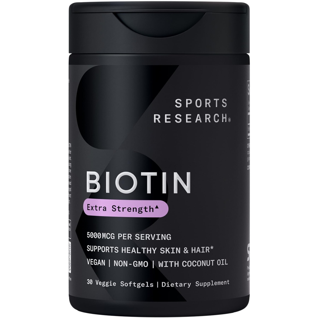 Sports Research® Biotin 5000mcg cu ulei organic de nucă de cocos - Biotin (Vitamina B7) pentru ten sănătos și suport pentru păr* - pentru femei și bărbați - Vegan, Non-GMO, Gluten & Soy-Free - 30 Veggie Softgels