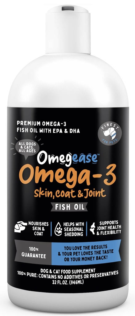 Ulei de pește Omegease pentru câini și pisici - Cel mai fin pentru animale de companie Omega 3 pentru pisici și câini - Supliment pentru piele și blană, mâncărime, vărsare, articulații și sănătate imună - 100% ulei de pește pur Omega cu EPA & DHA (32 oz)